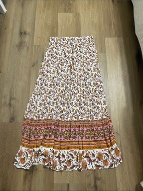 Floral Tiered Maxi Skirt in White, Pink & Brown
